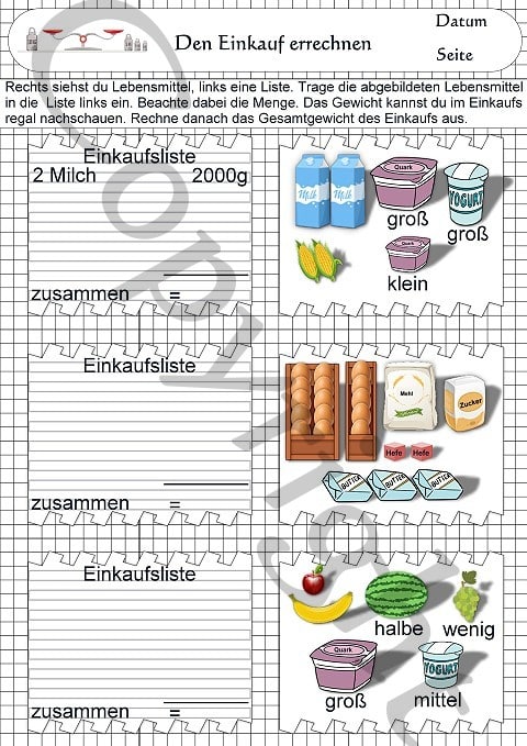 Eine Rechenseite aus dem Rechenheftchen rechnen mit kg und Gramm