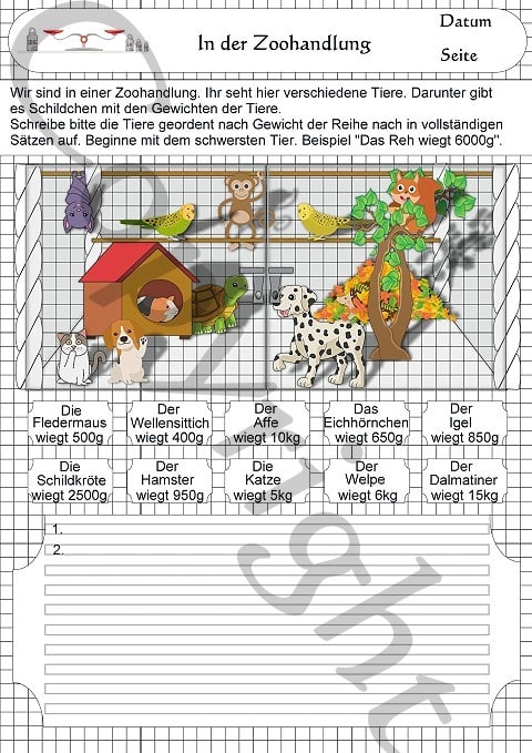 Eine Rechenseite aus dem Rechenheftchen rechnen mit kg und Gramm