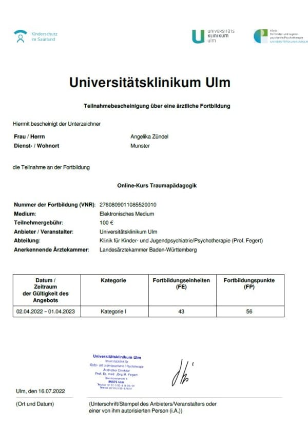 Fortbildungspunkte der Traumapädagogik