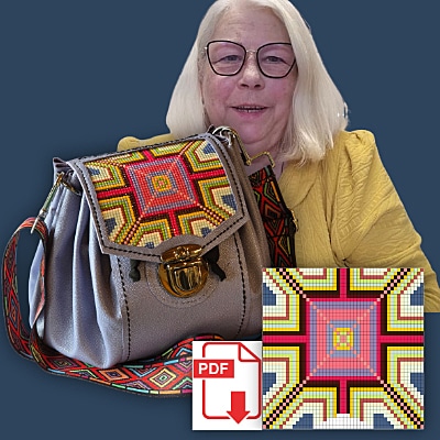 Lila farbige Beuteltasche mit Diamond-Painting und Zählmustervorlagen