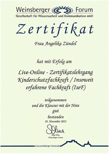 Zertifikat-Kinderschutzfachkraft Zertifikat für die Qualifikation Kinderschutzfachkraft